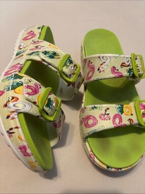 Dansko Kandi Molded Pool Sandals Green Flamingo Slide Strap Size 38